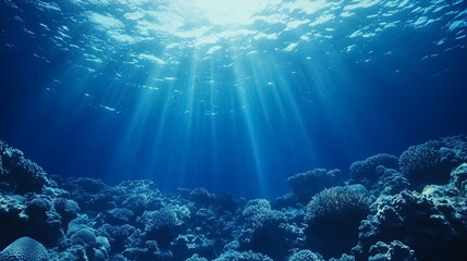 Wall Mural - underwater blue background in sea: a serene underwater background with a focus on blue tones, suitab