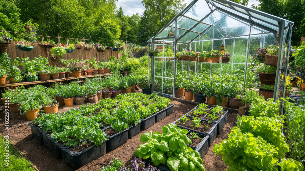 vibrant greenhouse filled with lush greenery and various plants ...