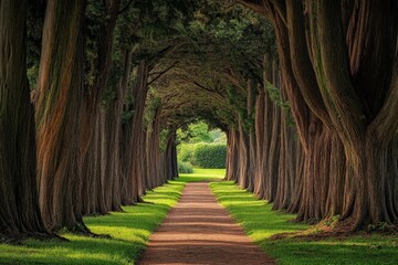 Wall Mural - A cypress tree-lined path in a serene park, their towering trunks creating a natural tunnel