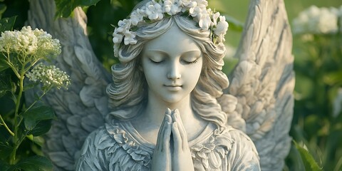 Peaceful stone sculpture of a classic designed female angel praying with hands up and eyes closed