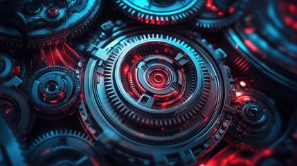 Poster - Gears and cogs with glowing red accents, intricate mechanical design