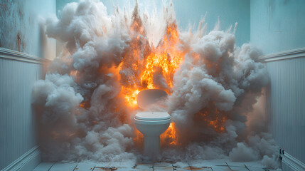 a toilet exploding in a dramatic commercial photography style, capturing the surreal and unexpected 