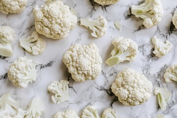 A group of cauliflower florets scattered across a clean surface, ready for a healthy meal