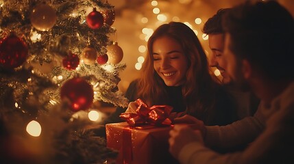 A group of friends sitting around a Christmas tree, exchanging gifts with smiles and laughter, background filled with ornaments and softly glowing lights, festive mood, warm colors, natural lighting,