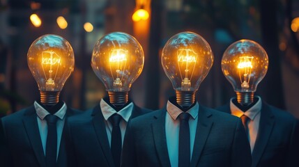 Poster - light bulb heads symbolize creativity, innovation, and ideas in business attire