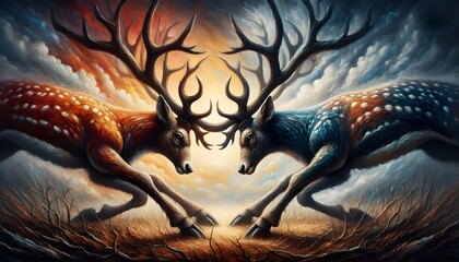 Oil painting artistic image of fight of 2 deers face to face