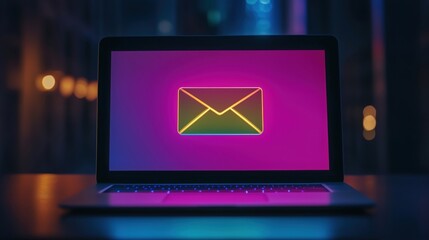 Poster - Email icon glowing on laptop screen, vibrant neon colors, modern technology