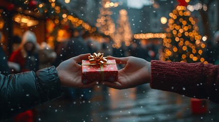 A person giving a small gift to a stranger at a holiday charity event, festive atmosphere with decorated Christmas trees and holiday lights, joyful expressions,