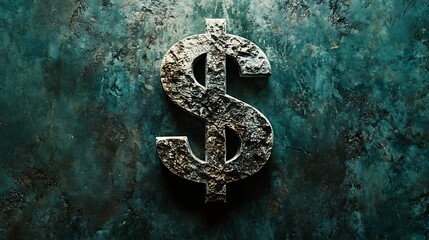 Textured rough stone illustration wallpaper dollar sign symbol on a green grainy background, concept of cash and money