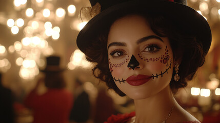 A young woman adorned in striking traditional attire and intricate face paint celebrates Day of the Dead, surrounded by festive decorations and joyful attendees in a lively setting