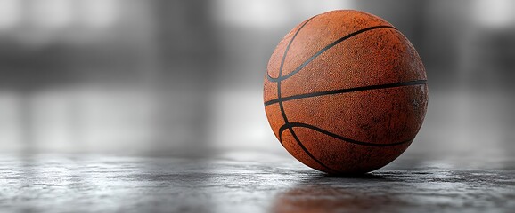 Close-up of a basketball on a grey concrete surface.