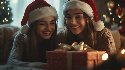 Two friends in Santa hats, one surprising the other with a beautifully wrapped gift box, joyful expressions, cozy living room with holiday decorations in the background, warm lighting, soft focus,