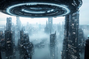 Poster - 1. Futuristic cityscape, AI governance, digital control, holographic interfaces