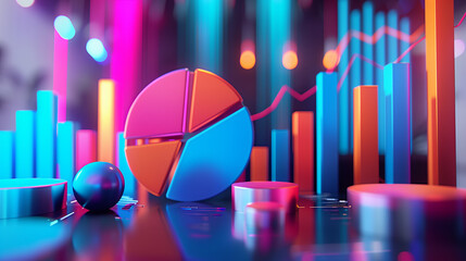 Poster - 3d illustration of business statistics info graphics, pie charts, bar graphs, and numerical data, business growth analysis