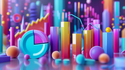 Poster - 3d illustration of business statistics info graphics, pie charts, bar graphs, and numerical data, business growth analysis