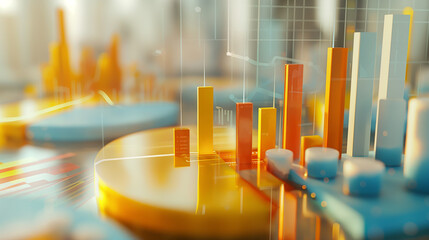 Poster - 3d illustration of business statistics info graphics, pie charts, bar graphs, and numerical data, business growth analysis