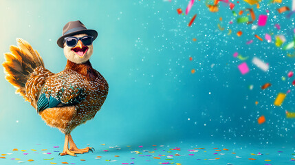 Wall Mural - A comedic turkey wearing sunglasses and a fedora, standing on one leg with a goofy expression, set against a bright blue background with confetti.