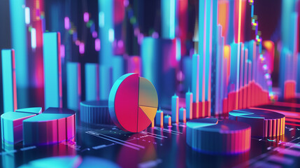 Poster - 3d illustration of business statistics info graphics, pie charts, bar graphs, and numerical data, business growth analysis