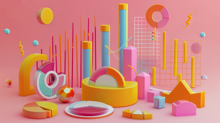 Poster - 3d illustration of business statistics info graphics, pie charts, bar graphs, and numerical data, business growth analysis