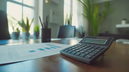 Poster - business financial statement with a calculator on the table in modern office, business finance audit concept photo
