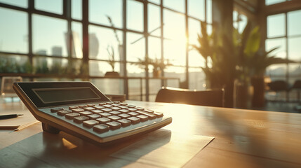 Poster - business financial statement with a calculator on the table in modern office, business finance audit concept photo