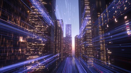 Futuristic Cityscape at Dusk with Glowing Data Streams - Hyper Detailed 3D Rendering Illustration of Connected Urban Environment