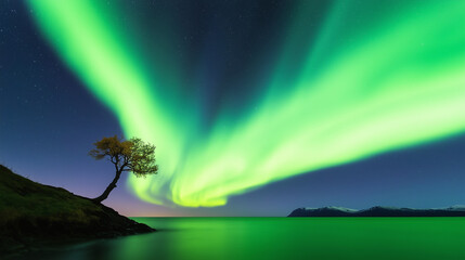 A breathtaking photo of the Aurora Borealis illuminating the night sky above a lone tree on a cliff overlooking a calm lake. 