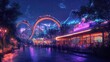 © Woranittha - Futuristic amusement park, with glowing roller coasters and holographic rides