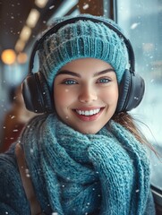 Smiling woman in winter attire with headphones