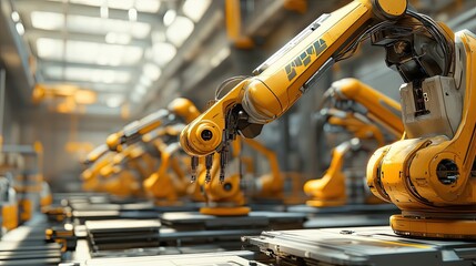 Poster - Close-up of a Yellow Robotic Arm in an Industrial Setting