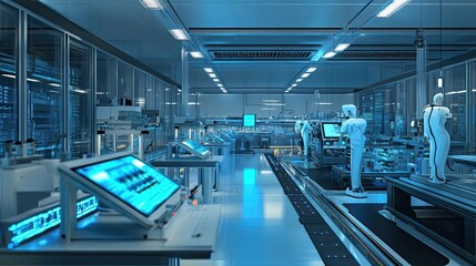 Poster - Futuristic Factory Interior with Humanoid Robots and Automated Production Lines