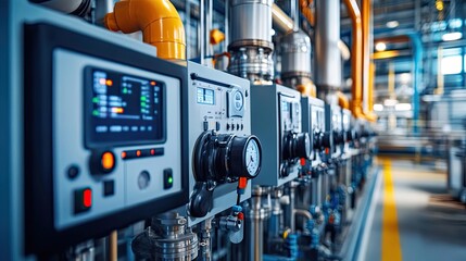 Poster - Industrial Control Panel with Gauges and Piping in a Factory Setting