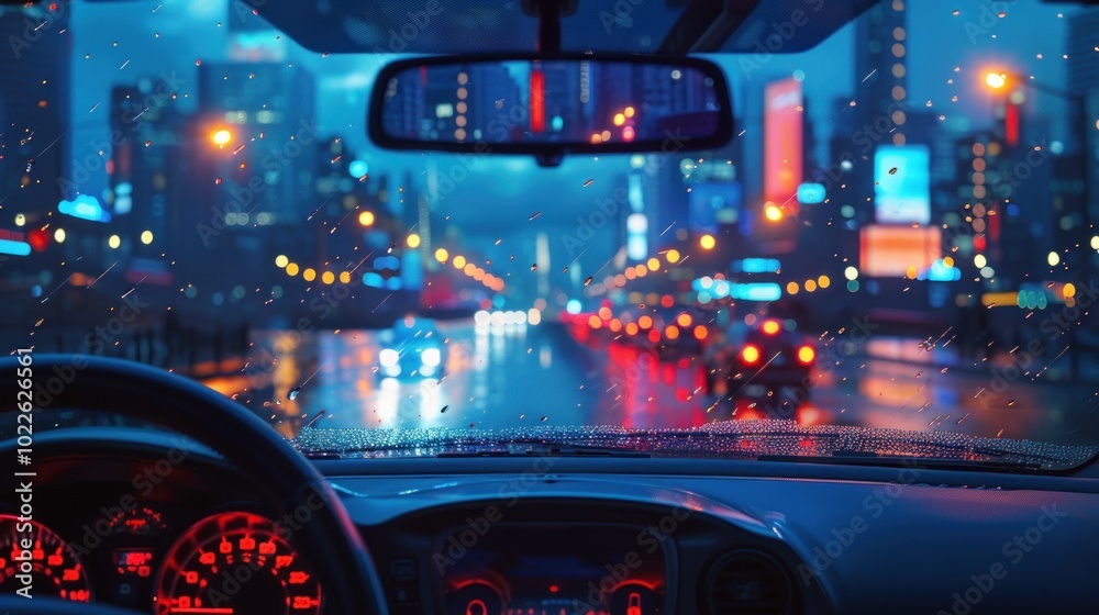 Rainy city street viewed from inside a car, with colorful blurred ...