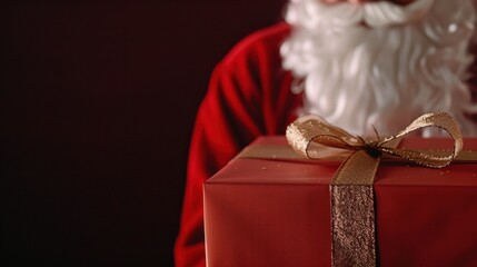 Santa in red suit holding gift box with gold ribbon against dark background. Christmas, gifting, and holiday traditions.