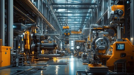 Poster - Industrial Factory Interior with Automated Machinery and Metal Parts