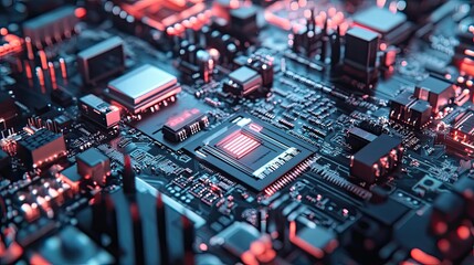 Poster - Close-up of a Circuit Board with Glowing Red Components