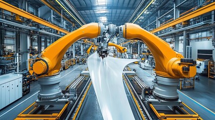 Poster - Industrial Robots Working on a Large White Object in a Factory