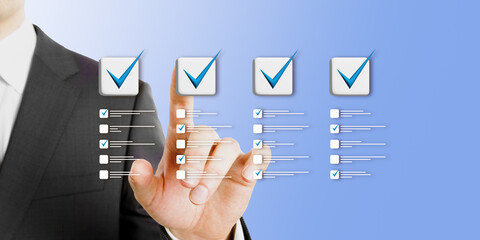 Poster - Close up of man hand using creative four to do lists with checkmarks on blue background. Quality Control, Goal achievement and business success concept, task completion.