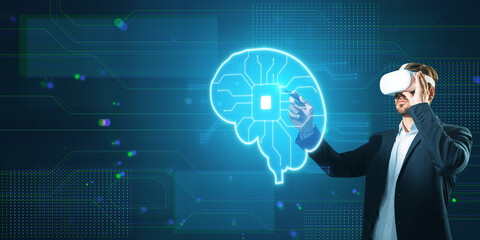 Aufkleber - Attractive young businessman with vr glasses and glowing blue circuit digital brain hologram on blurry background with mock up place. Artificial intelligence, virtual reality and innovation concept.
