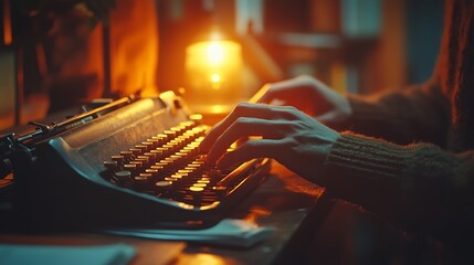 Canvas Print - Close-up of hands typing on a vintage typewriter-style keyboard with round keys, illuminated by a soft amber light, dark office background with blurred books and papers, focus on key details,