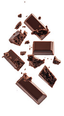 Dark chocolate bars suspended in mid-air with crumbs dramatically scattered around