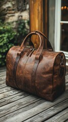 Vintage Brown Leather Travel Duffle Bag on Wooden Deck