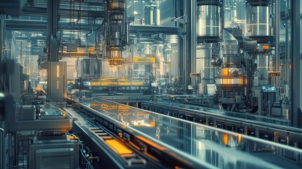 Poster - Futuristic Industrial Facility with Conveyor Belts and Machinery
