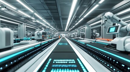 Poster - Automated Industrial Assembly Line with Robotic Arms and Conveyors
