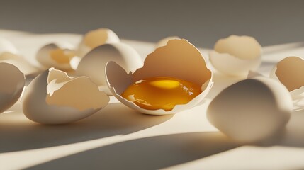 Cracked egg with yolk spilling out surrounded by empty eggshells, symbolizing food safety recall on clean white surface