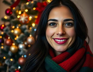 Wall Mural - A young Latina woman with long dark hair, wearing a red scarf and smiling in front of a Christmas tree with colorful lights