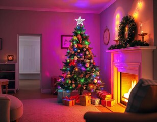 Canvas Print - A decorated Christmas tree with lights and ornaments in a room with a bright window and shadow on the wall, empty room, tree christmas , gift