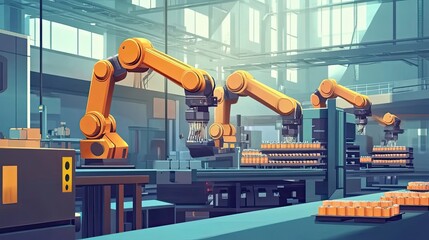 Poster - Automated robotic arms working on a factory assembly line