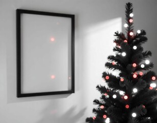 Canvas Print - A blank picture frame hanging on a wall next to a decorated Christmas tree with lights and ornaments, white wall