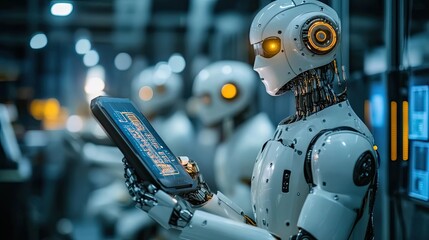 Poster - A humanoid robot holding a tablet with a futuristic interface.